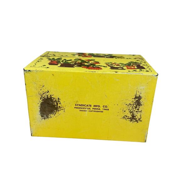 Vintage Bright Yellow Pixelated Floral Metal Recipe Box - Syndicate MFG Co - 60s - Picture 7 of 7